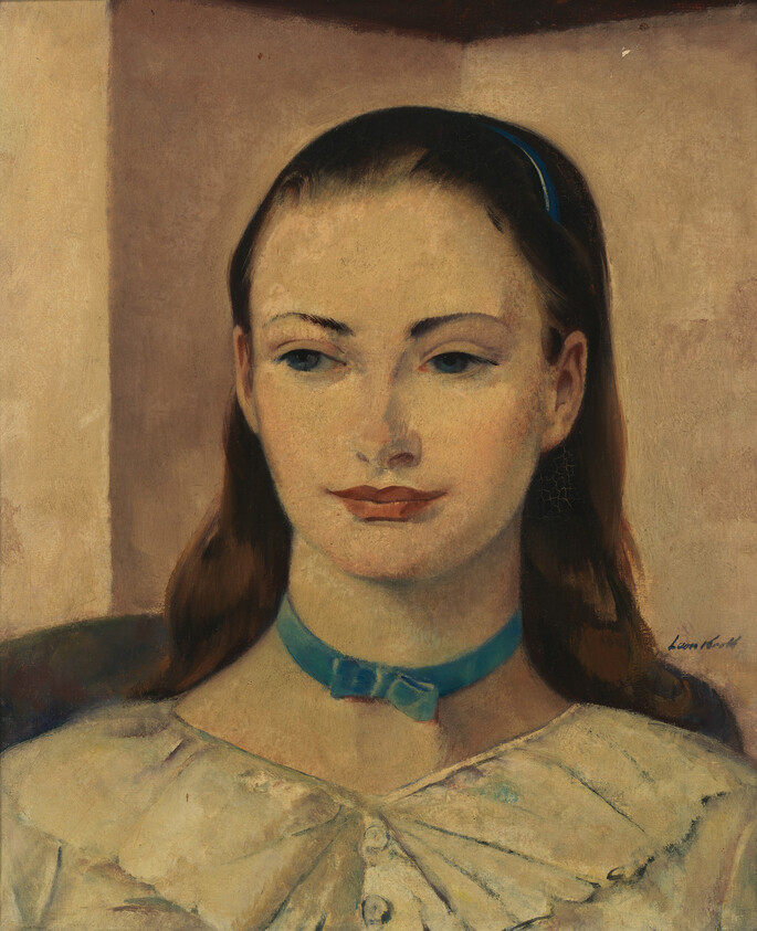Young woman with dark hair wearing a blue ribbon choker and headband, looking to the side.