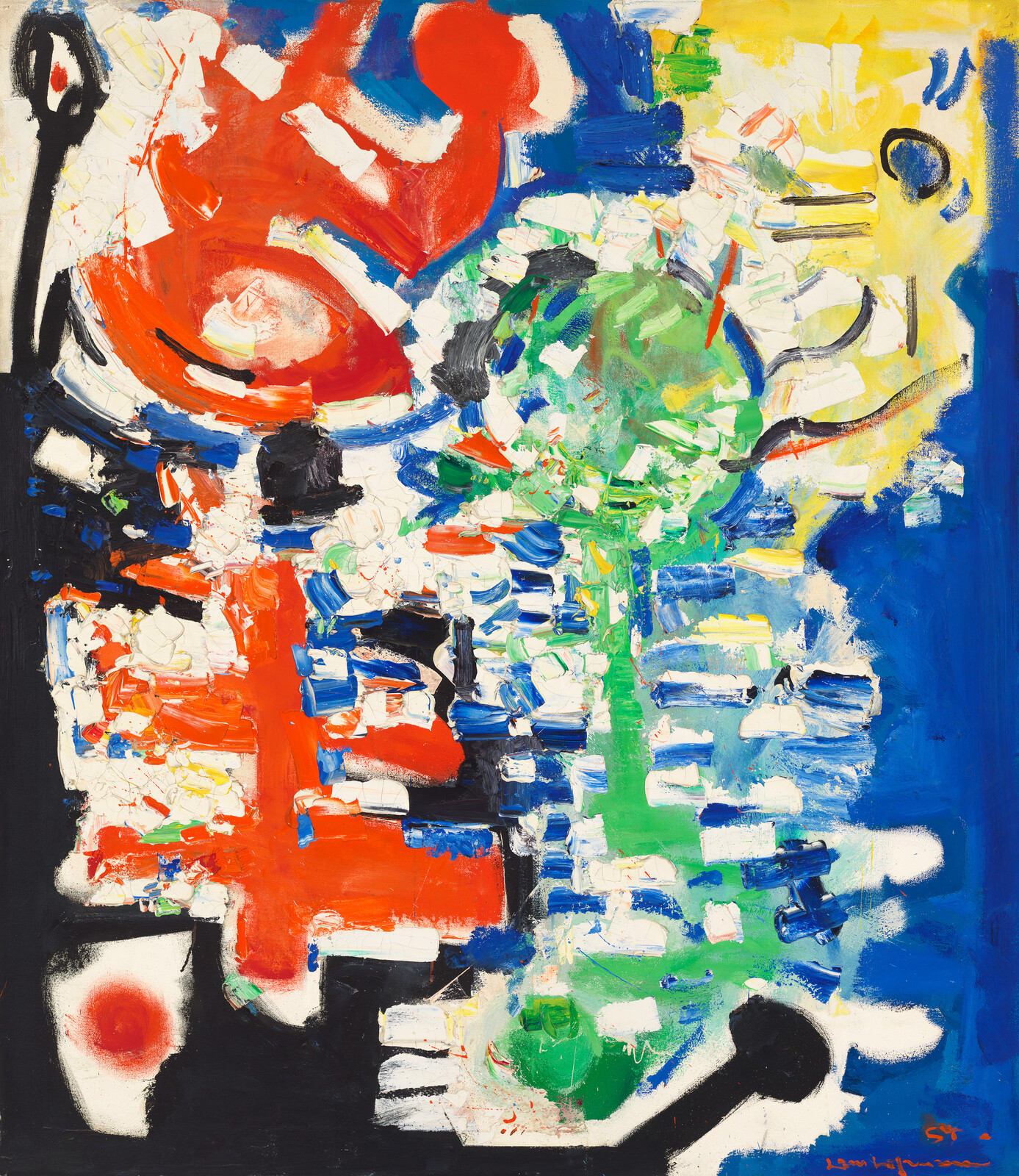 Bold abstract painting with red and green brushstrokes, a blue background, and black circular accents.