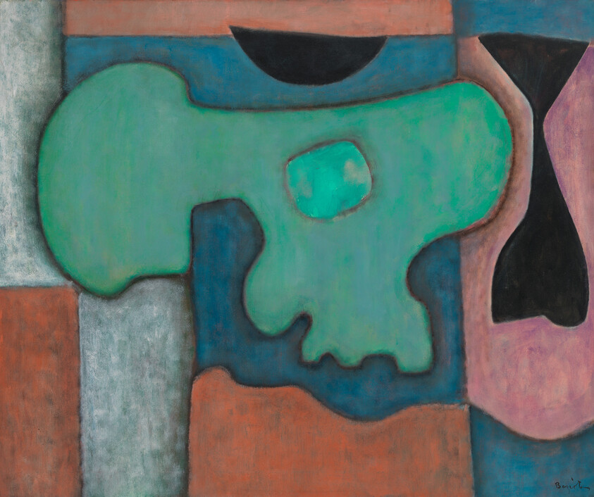 A large green organic shape resembling a skull sits among blue, pink, and rust-colored geometric blocks.