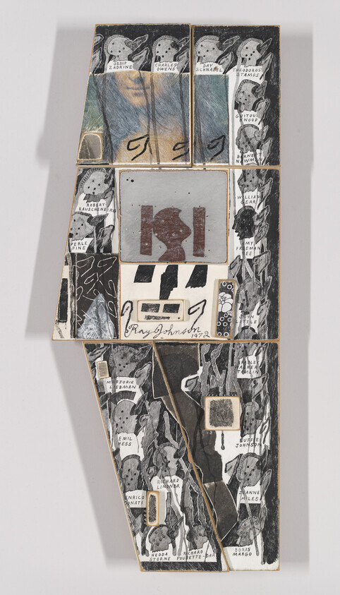 Vertical mixed-media collage panel with drawn faces, handwritten labels, and a central mirrored rectangular element.
