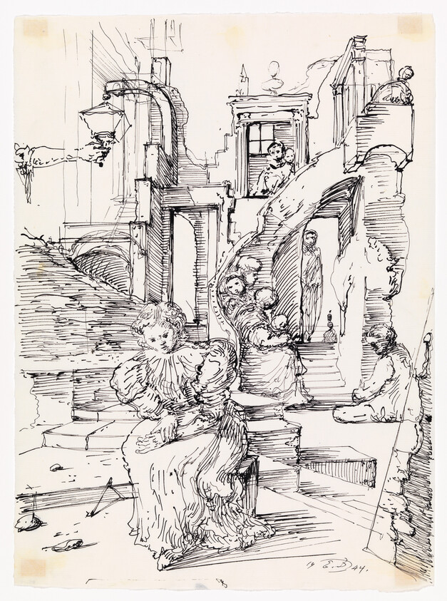Woman in a ruffled dress sits on steps while other figures ascend and stand among ruins.