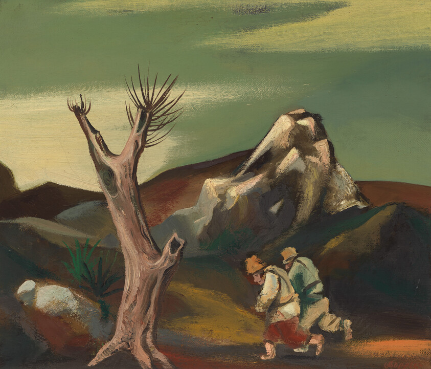 Two hikers crawl across a barren landscape past a twisted dead tree and rocky hill.