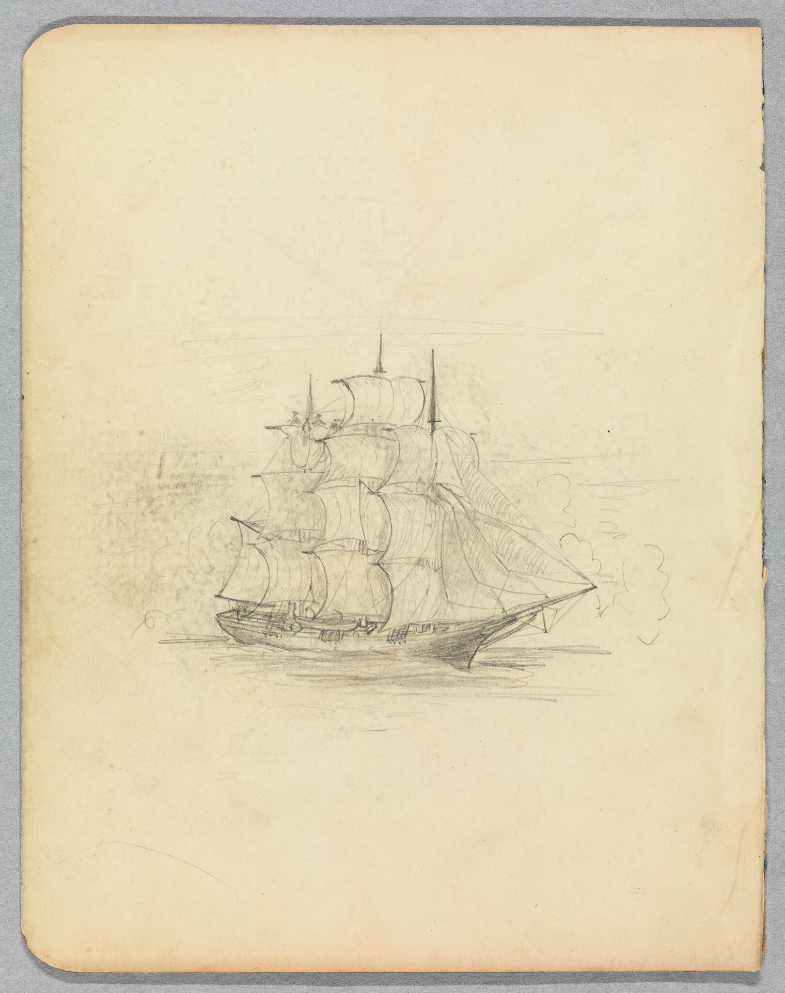A pencil sketch of a three-masted sailing ship with full sails gliding on calm water.