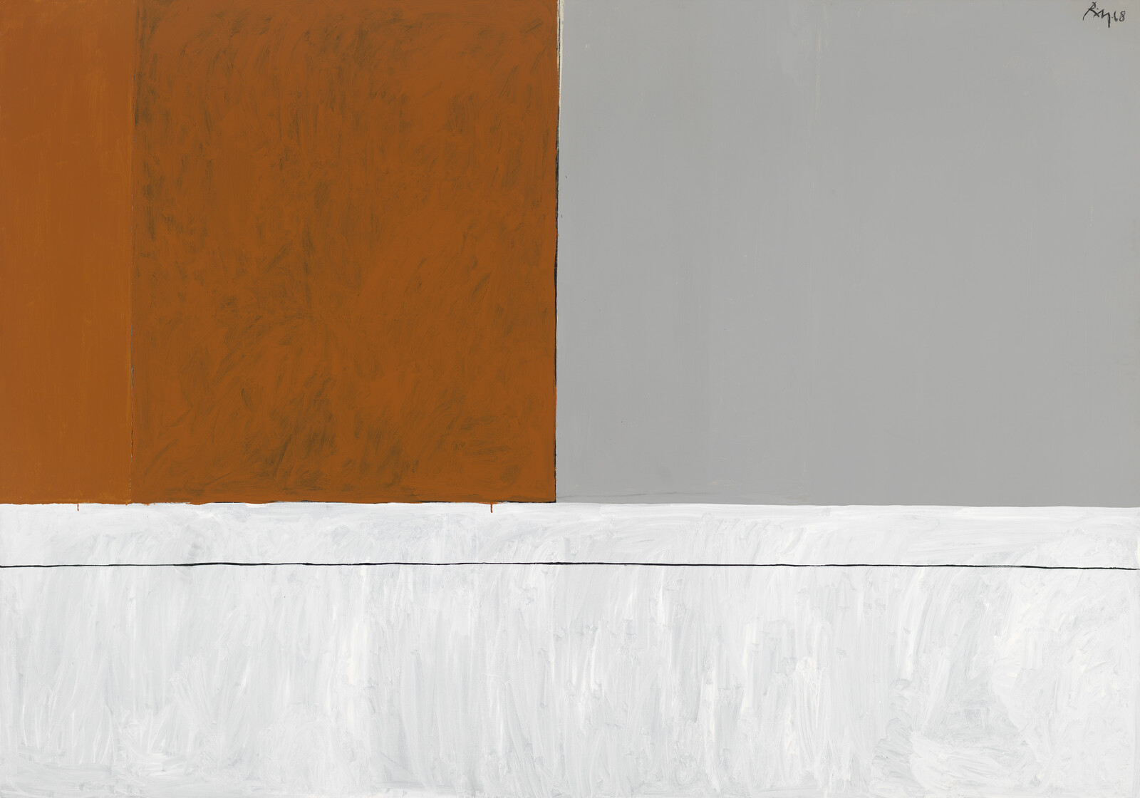 Large brown and gray rectangles sit above a wide white band, separated by a thin black horizontal line.