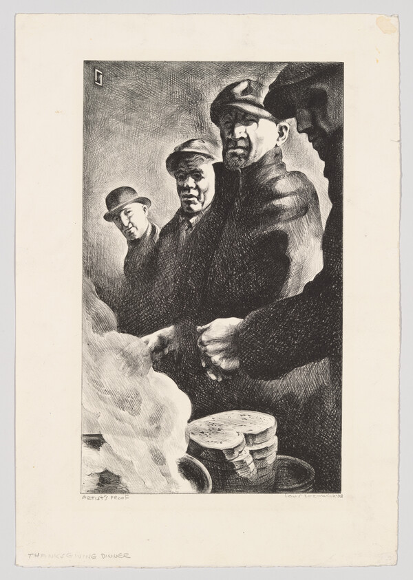 A black and white illustration depicting four men in heavy coats and hats, with solemn expressions, gathered around a small table with a platter of bread. The scene suggests a humble setting, possibly conveying a theme of shared hardship or community. The words "ARTIST'S PROOF" and "THANKSGIVING DINNER" are inscribed at the bottom, along with the artist's signature and the year '38.
