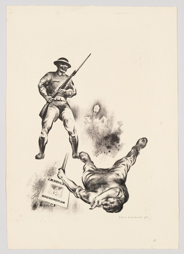 A standing soldier aims a rifle bayonet while a second soldier lies fallen holding a pamphlet.