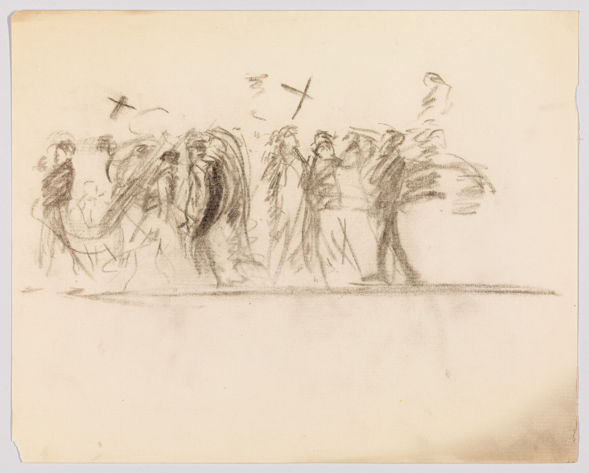 A loose charcoal sketch of several people walking together, with two small crosses above them.