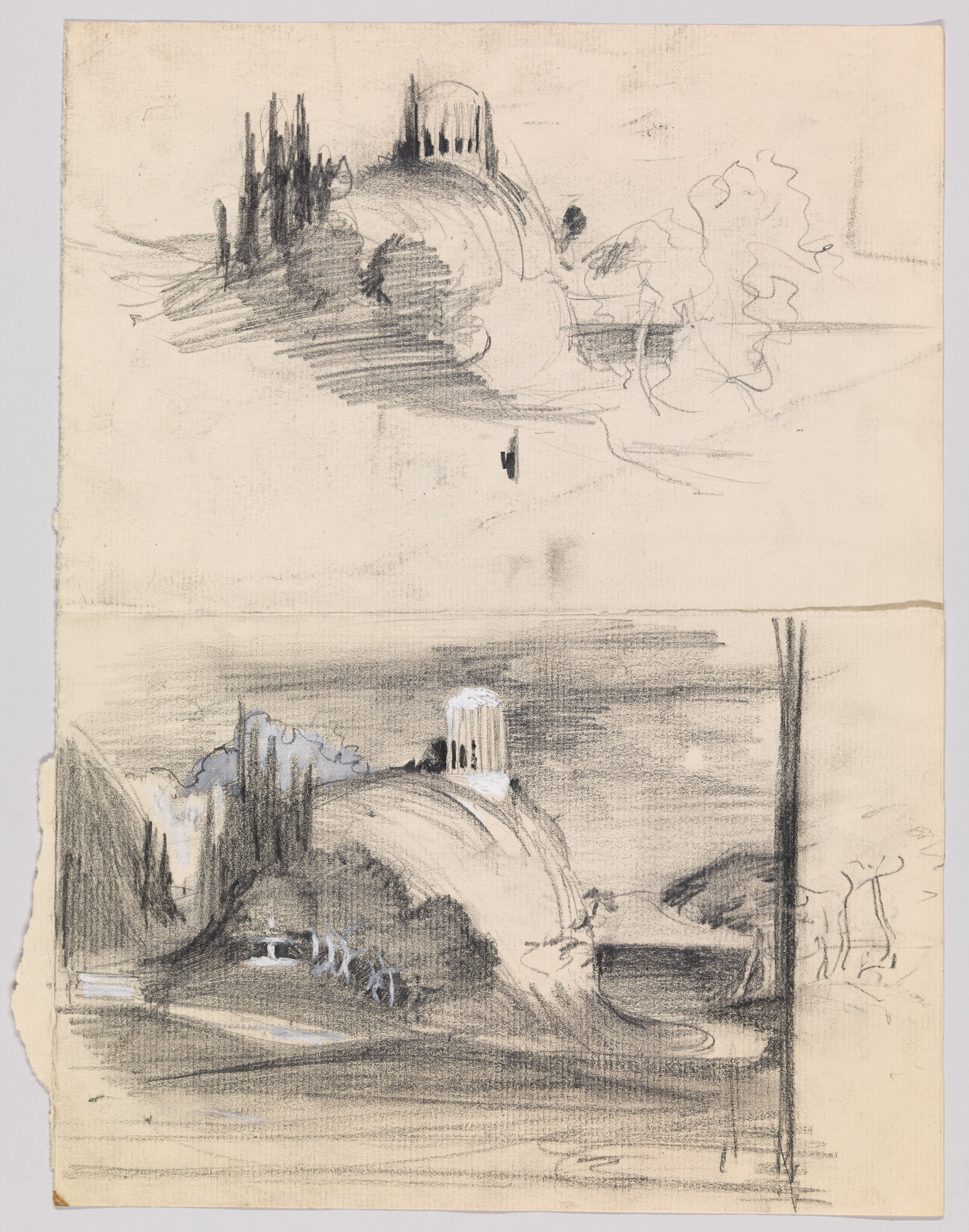 Two quick pencil landscape sketches showing a rounded hill topped by a small tower and trees.