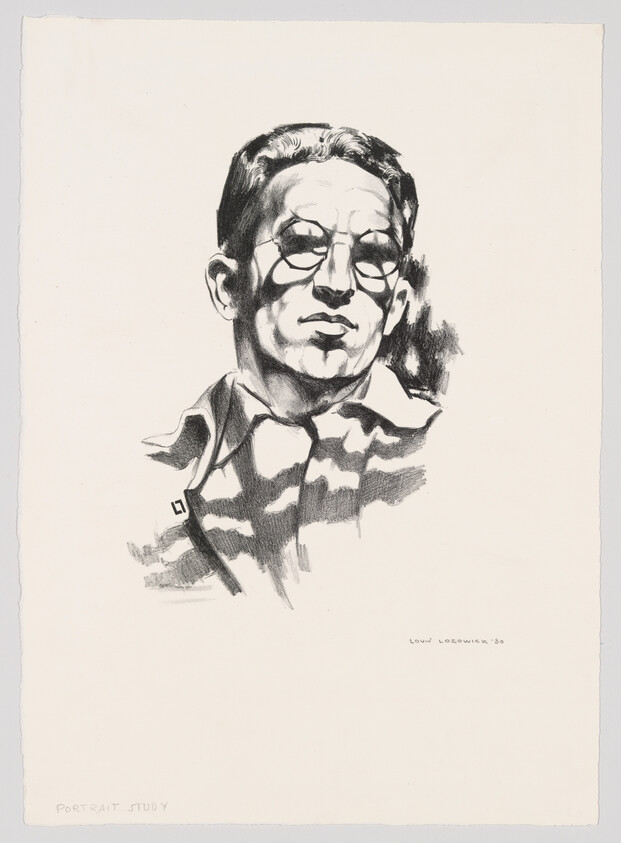 Man wearing round glasses and a collared shirt with strong shadow patterns on his face.