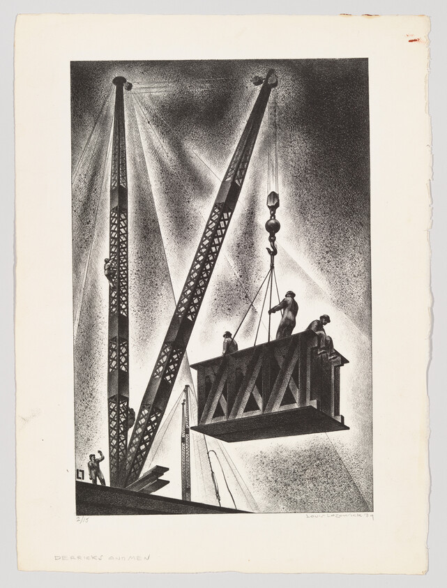 Three construction workers guide a large steel girder suspended by crane hooks above a site.