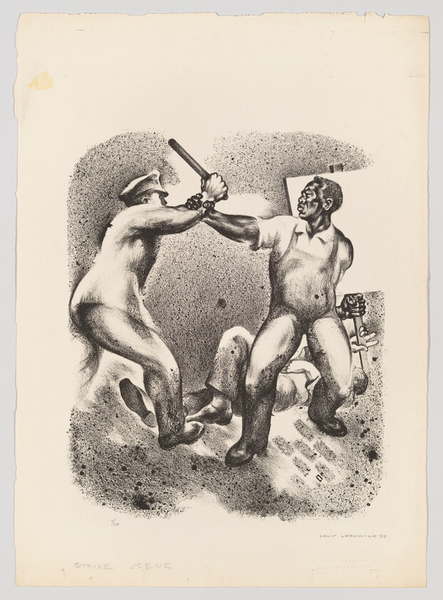 A black worker defends himself with a wrench as a uniformed officer strikes him with a baton.