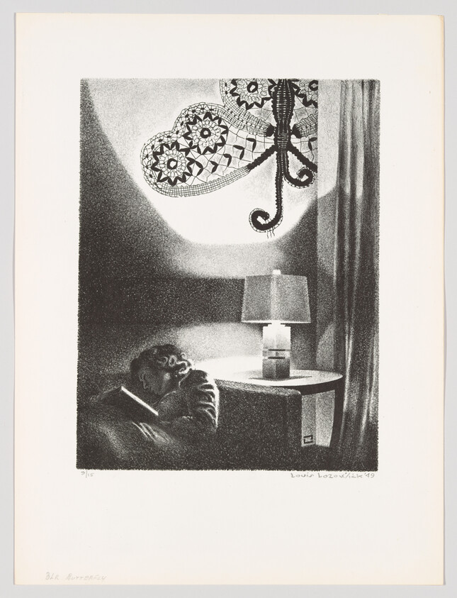 A man dozing in a chair beside a lit table lamp under a patterned lace curtain.