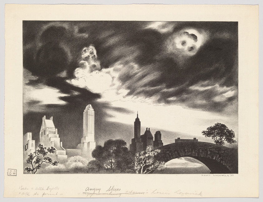 Dramatic cloudy sky with glowing moon over city skyline and stone bridge in foreground.