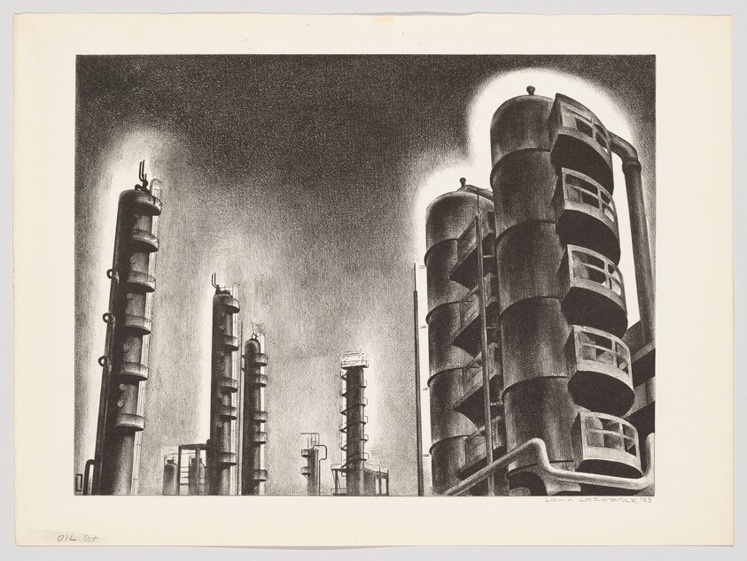 Tall industrial towers and cylindrical processing tanks rise against a dark, smoky sky.