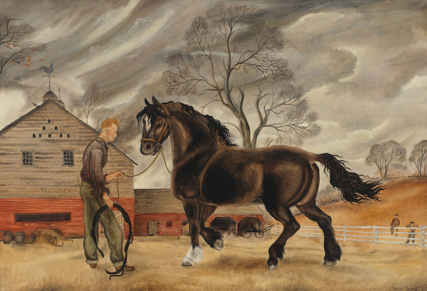 A farmer leads a large brown draft horse by a rope in front of a barn.