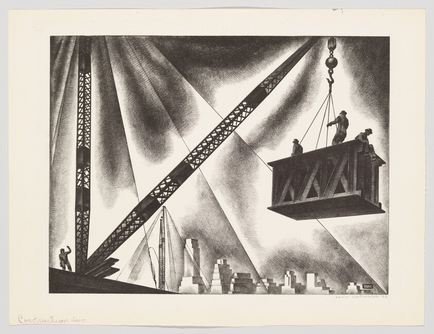 Three workers guide a large steel girder being lifted by a crane above a city skyline.