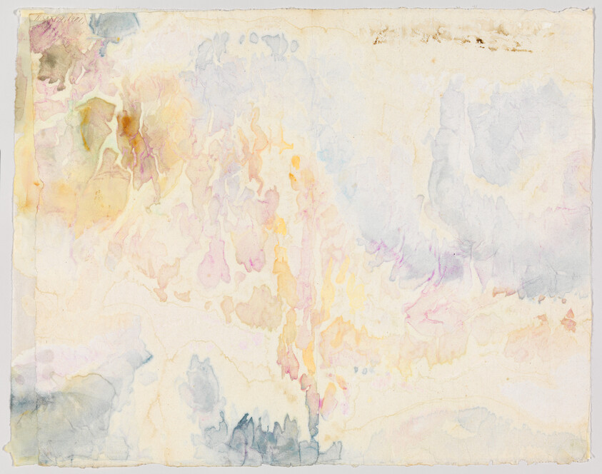 Faded watercolor paper with soft pastel washes and pale abstract shapes across the sheet.