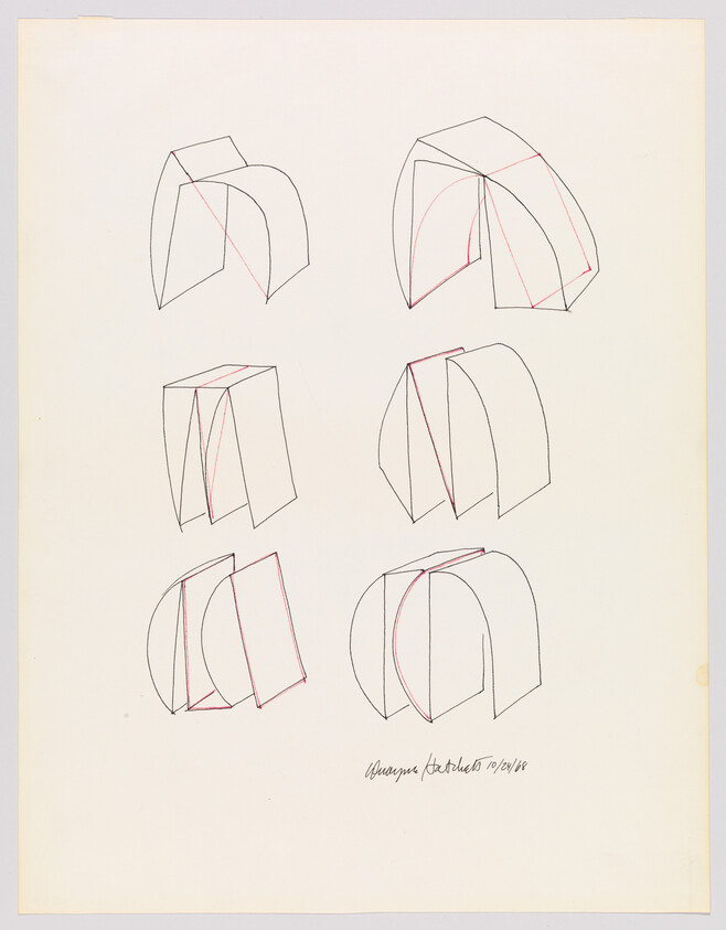Six simple black-and-red line sketches of arched, folded forms arranged in three rows on cream paper.