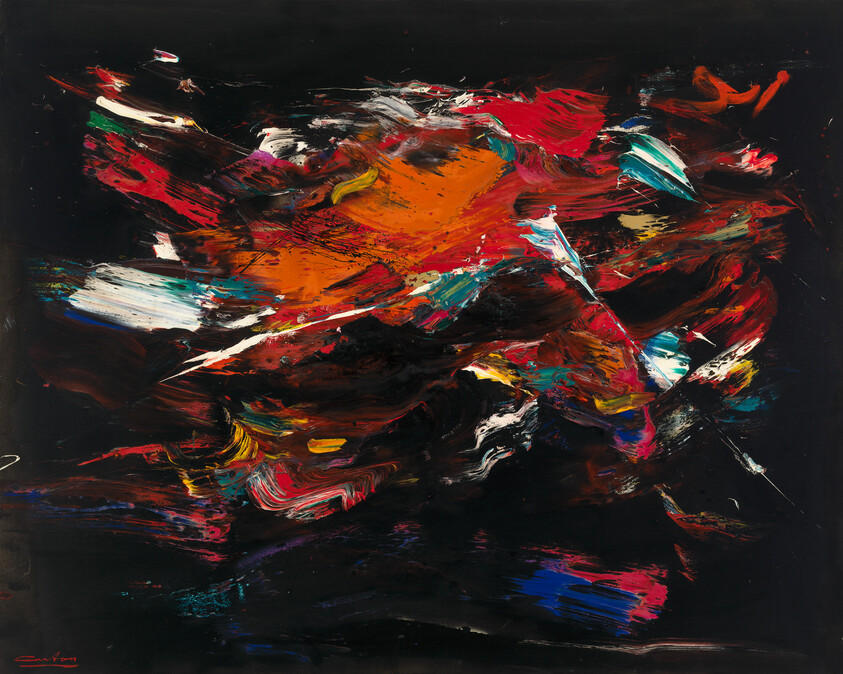 Bold red, orange, blue, and white brushstrokes swirl across a dark black background, creating abstract movement.
