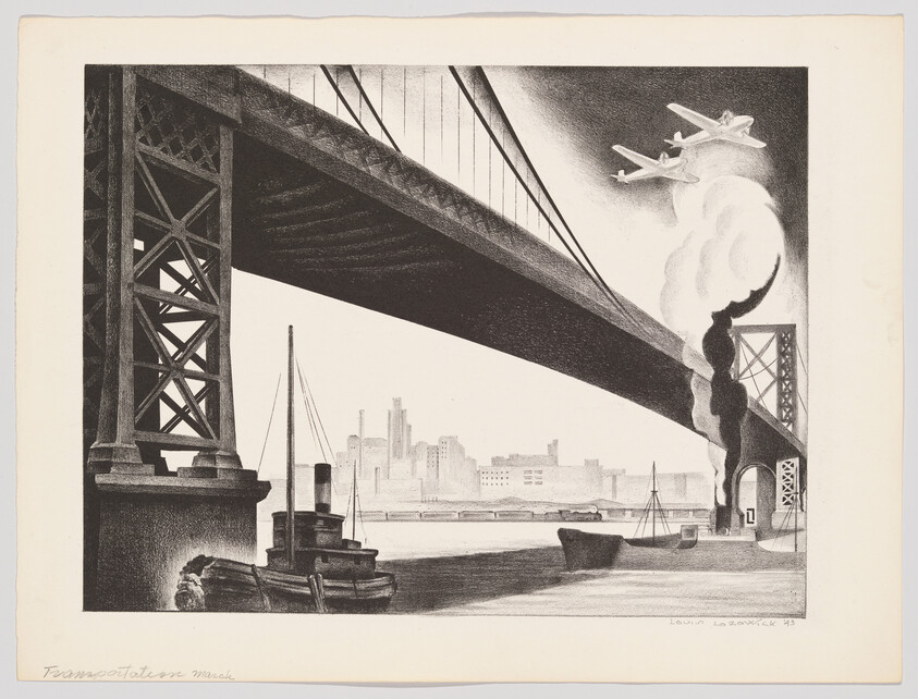 Large suspension bridge spans a river with tugboats below and two airplanes flying overhead.