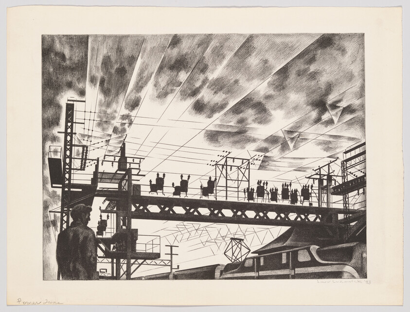 People stand on an elevated industrial walkway above trains and power lines under a cloudy sky.