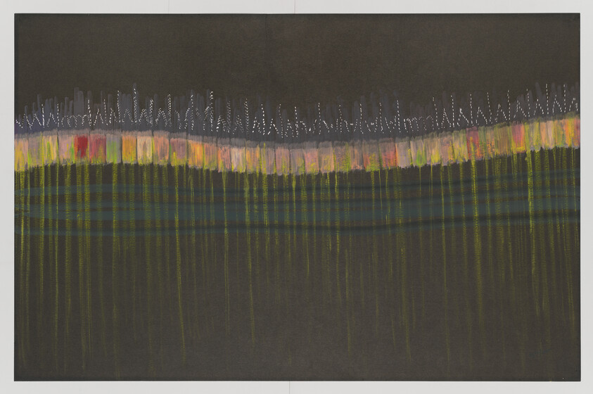 A dark abstract painting with a colorful horizontal band, white dotted line above and green drips below.