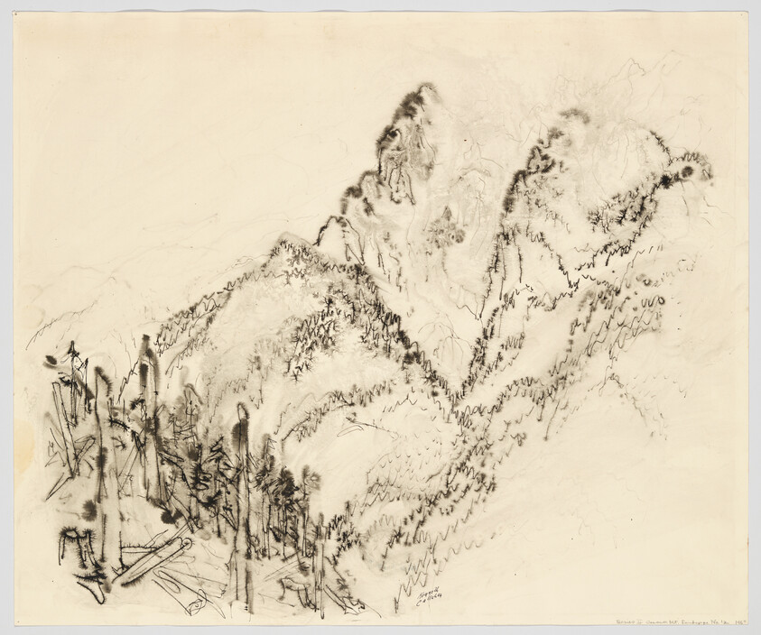 Rough charcoal sketch of tall mountains rising above a forested valley with scattered trees.