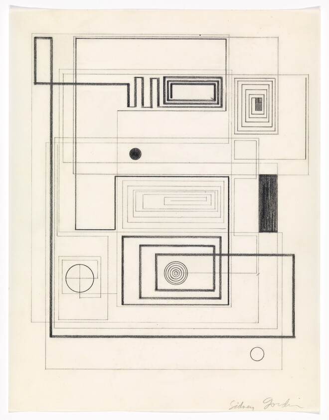 Abstract geometric composition of overlapping rectangles, concentric squares, and circles drawn with pencil.