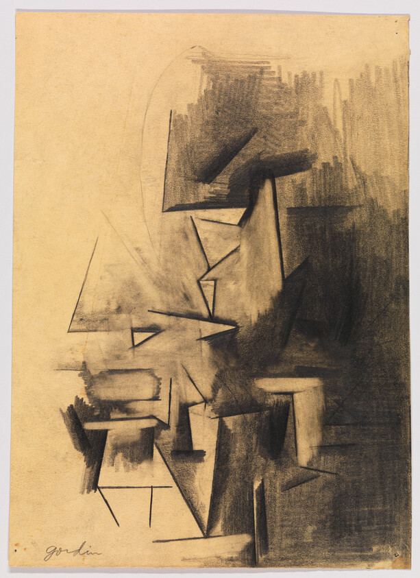 Abstract charcoal sketch showing intersecting geometric shapes and angular planes on beige paper.