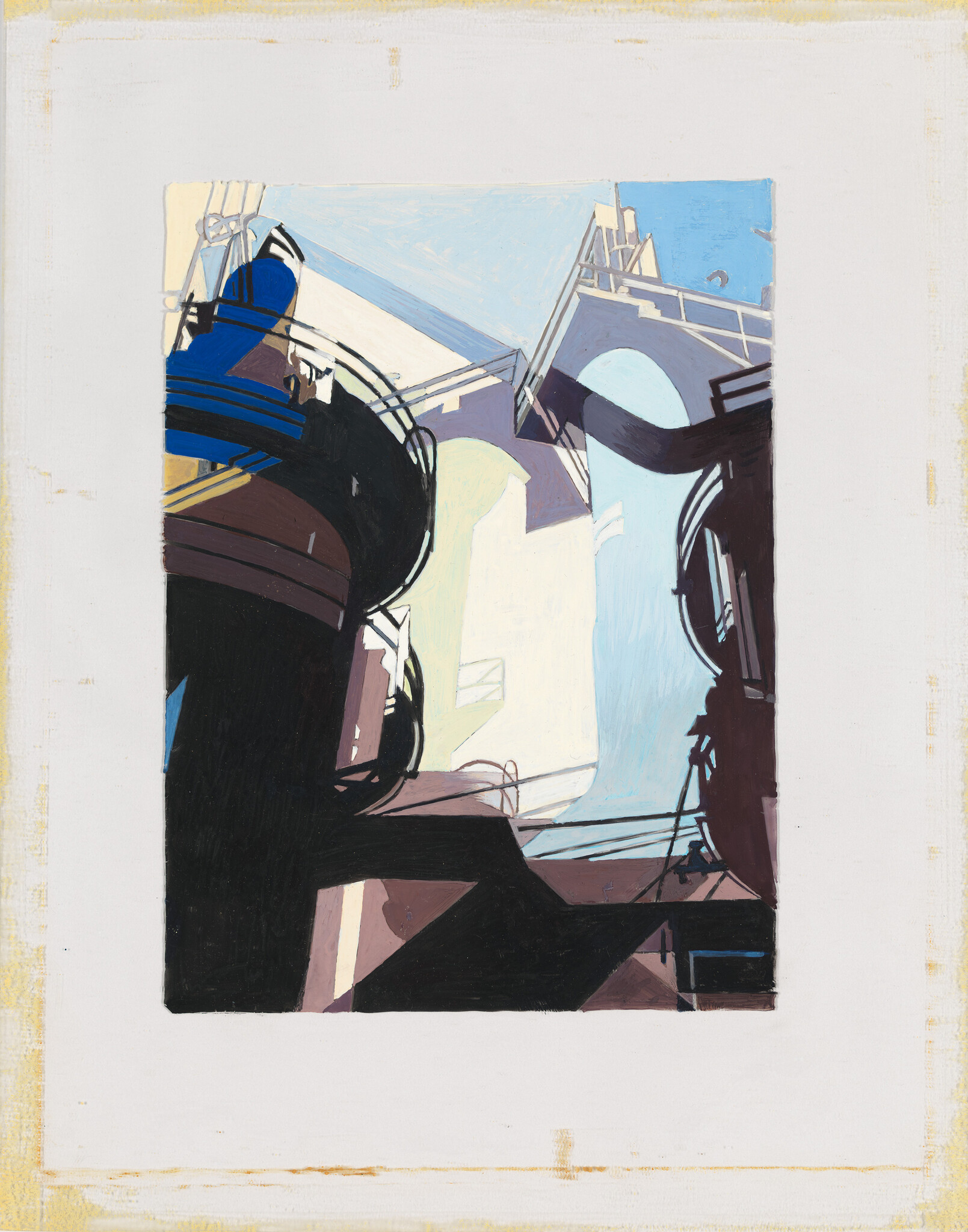 Curved building balconies and shadows frame a bright sky visible between architectural forms.