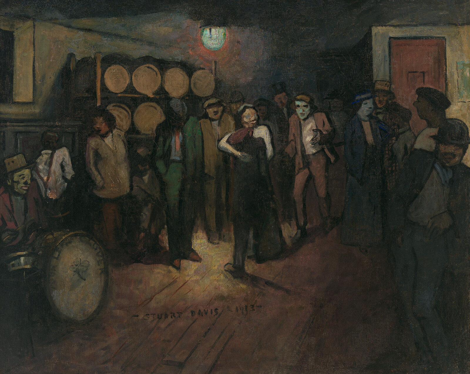 A dim club scene with masked dancers and musicians gathered under a single hanging light.