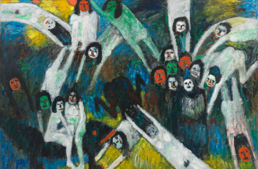 Group of ghostlike figures with colorful faces floating and reaching over a dark, textured landscape.