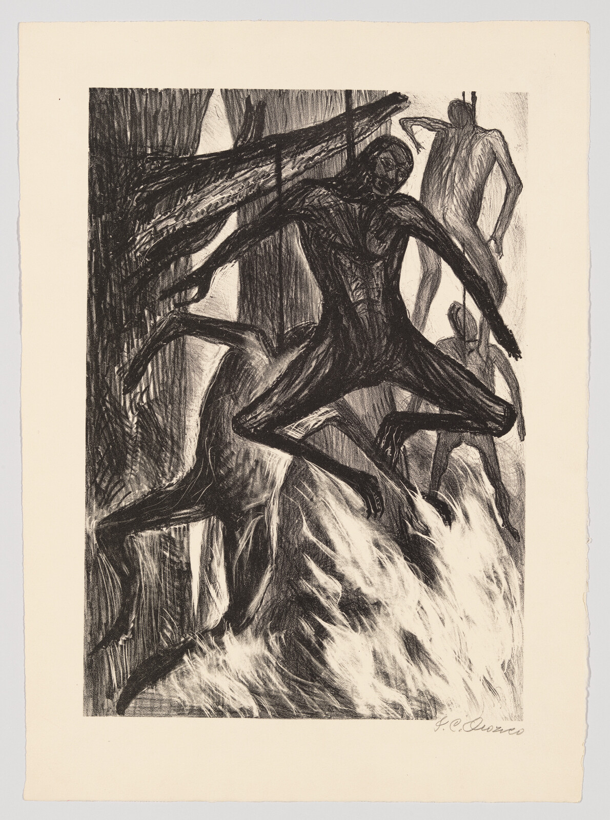 A black and white lithograph depicting a dynamic figure in a spider-like pose with multiple limbs extended, set against a backdrop of abstract forms and textures that suggest a chaotic environment. The artwork is signed by the artist at the bottom right.