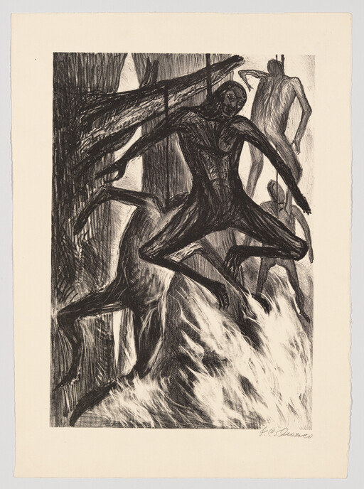 Several contorted figures leap and struggle above roaring flames in a dramatic black charcoal print.