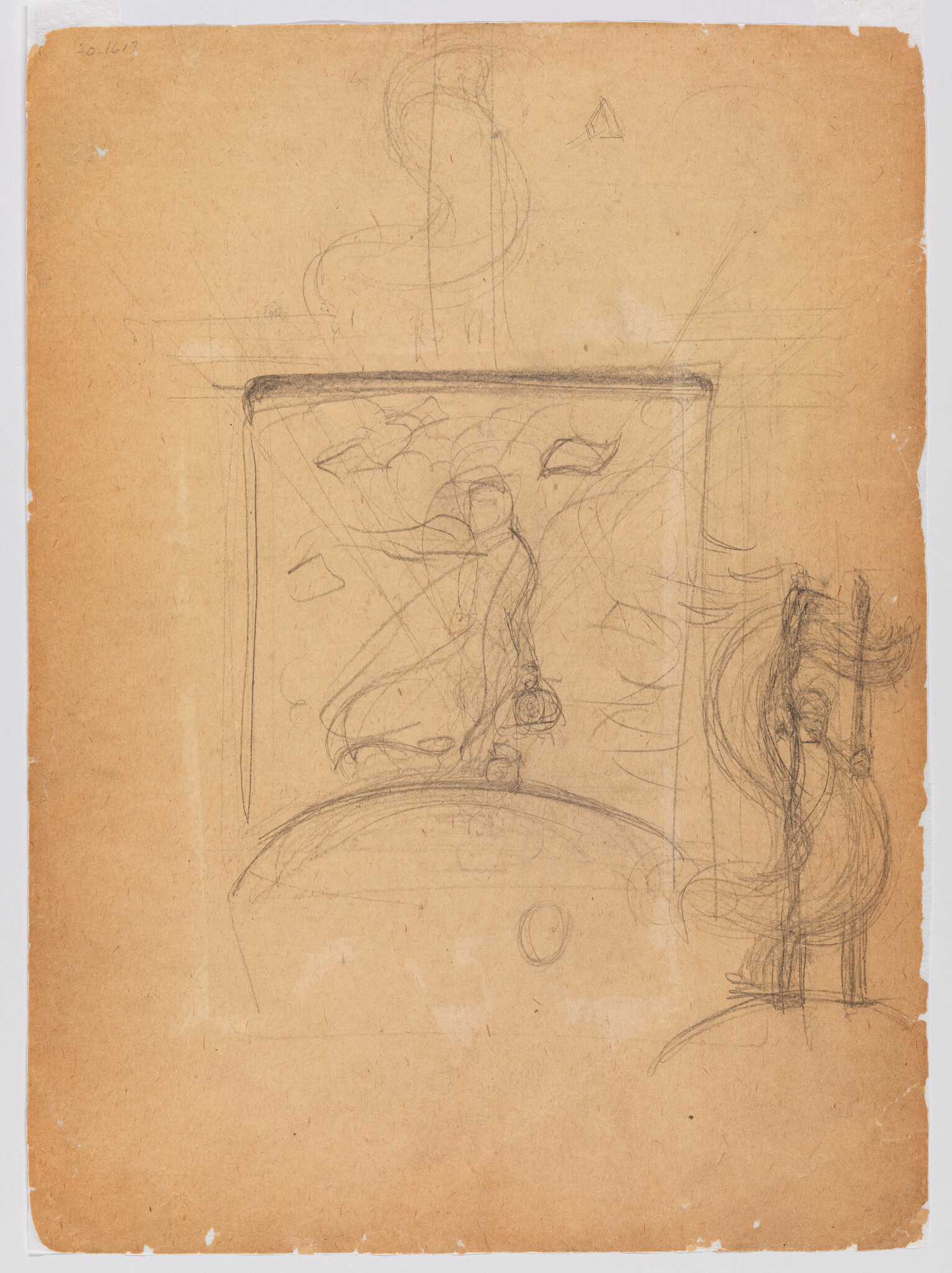 A pencil sketch of a standing figure with flowing drapery inside a framed panel.