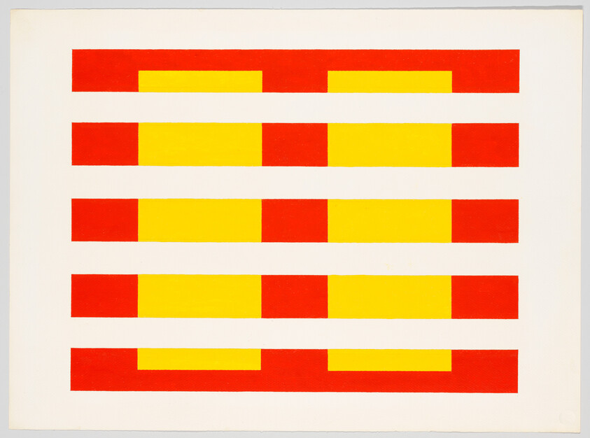 Alternating red and yellow rectangular blocks form five horizontal rows on a white background.