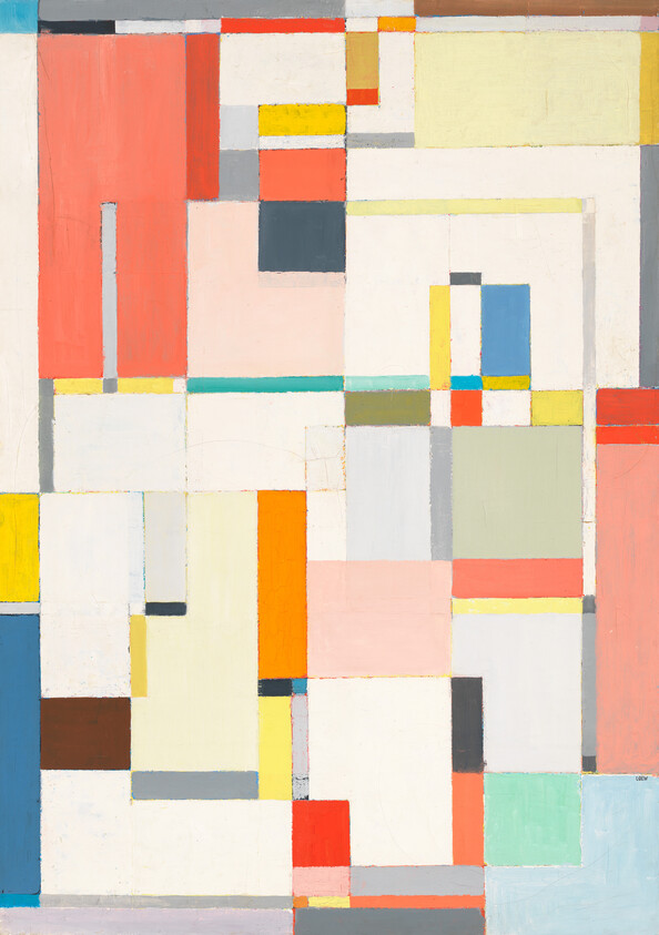 Abstract painting of overlapping colored rectangles and thin lines in pastel and bright tones.