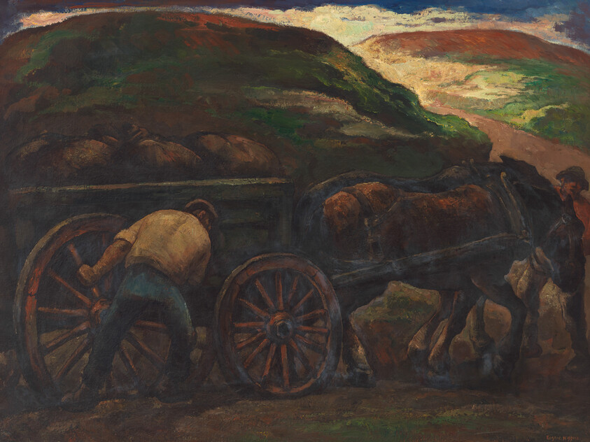 Two men and a horse repair a broken wooden wagon wheel beside a muddy country road.