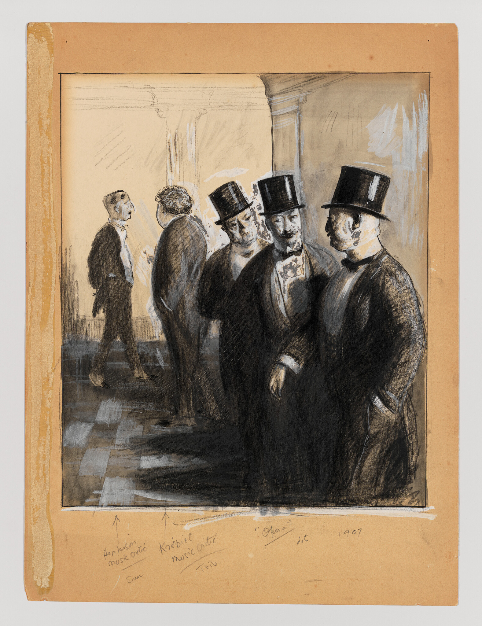 Three men in top hats converse while others stand in the background of a formal hall.