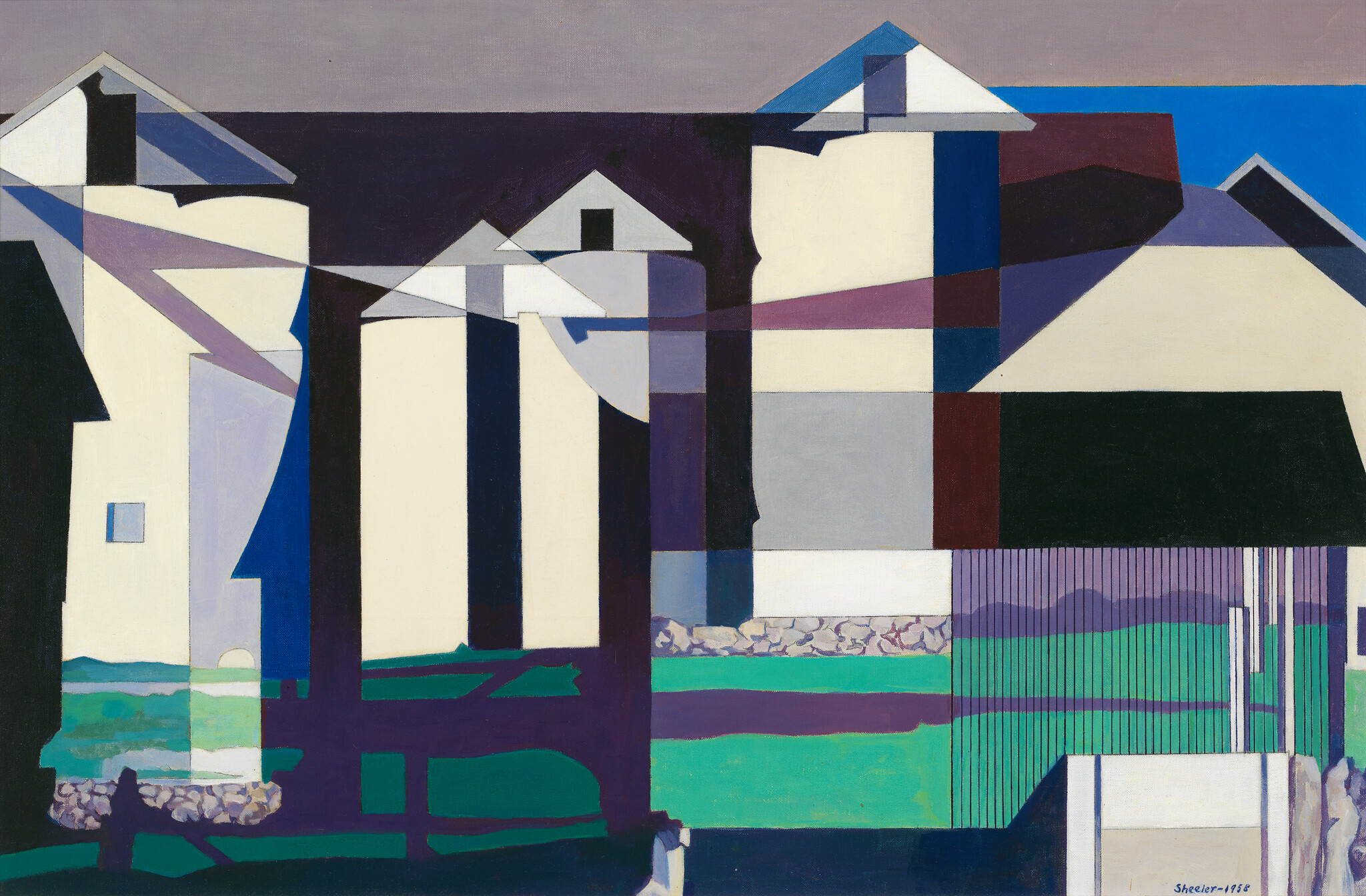 A painting featuring a stylized architectural landscape composed of geometric shapes and planes in a variety of colors, predominantly shades of blue, purple, white, and brown. The abstract depiction of buildings conveys a sense of modernist design, with sharp angles and flat surfaces creating a fragmented, cubist effect. The artwork is signed and dated in the lower right corner.