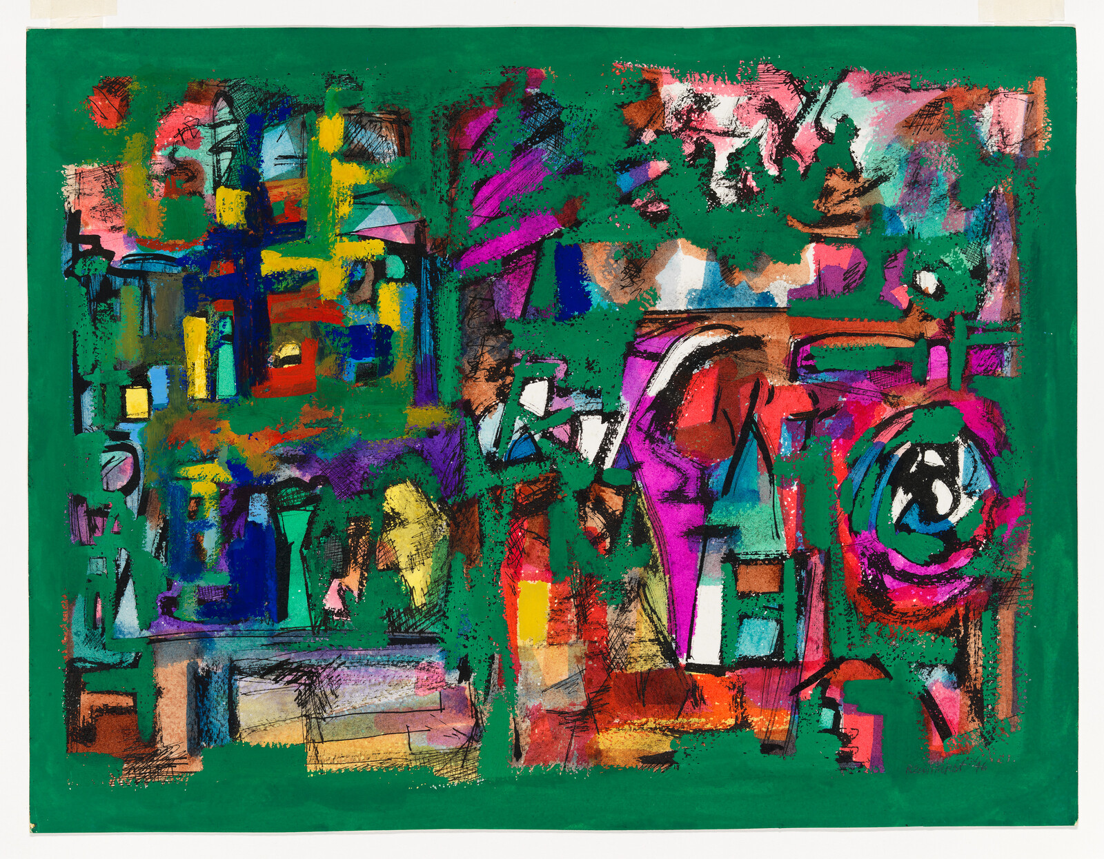 Abstract painting with bold green border, featuring colorful shapes and lines in red, blue, yellow, and purple.