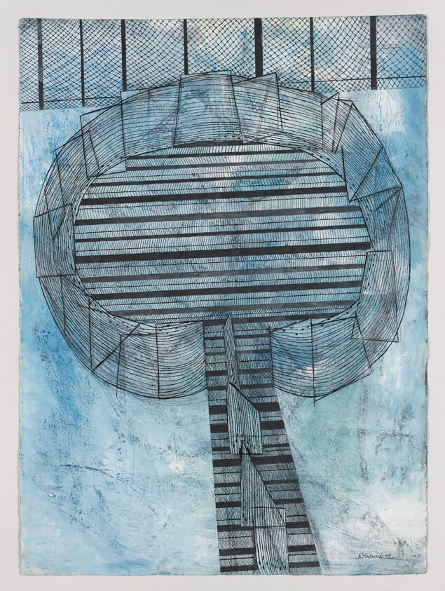 A tall striped circular platform with ladder-like support against a textured blue background.