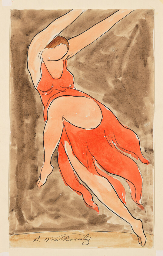 A watercolor and ink drawing of a dancer in a dynamic pose, wearing a red leotard and flowing skirt, against a brown backdrop. The artist's signature is visible at the bottom.