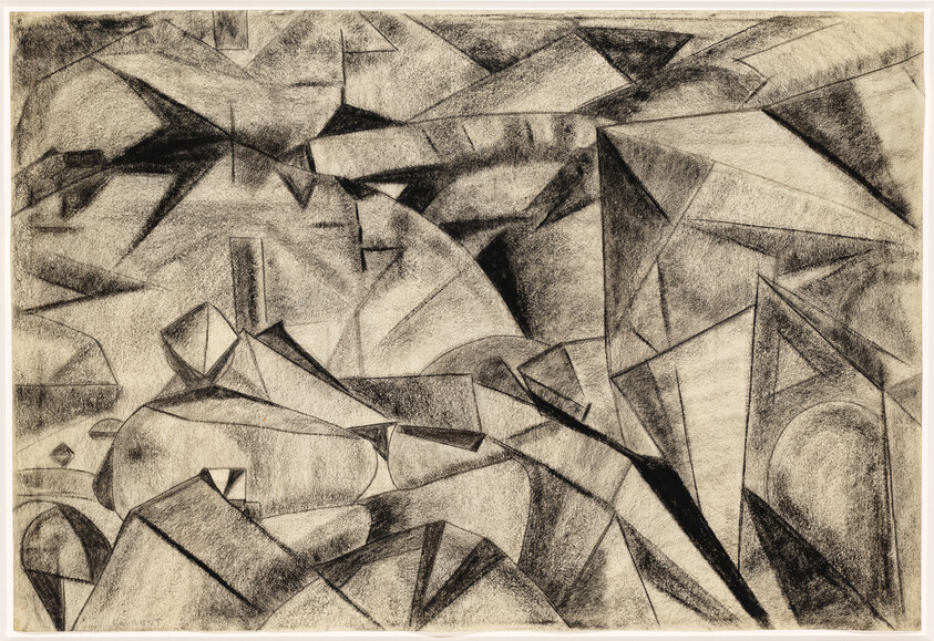 Charcoal drawing of overlapping geometric planes and angular shapes creating a fragmented landscape.