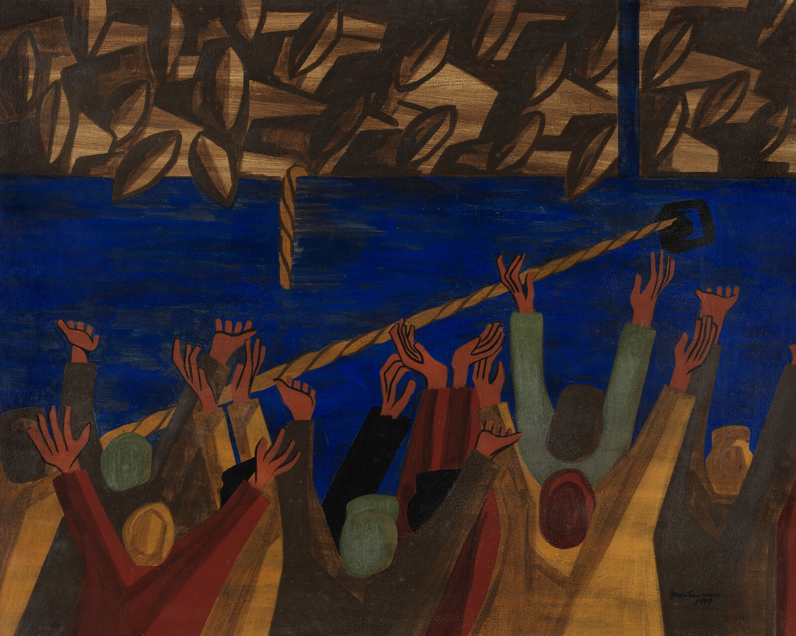 People reaching up towards a large rope, surrounded by abstract shapes and colors.