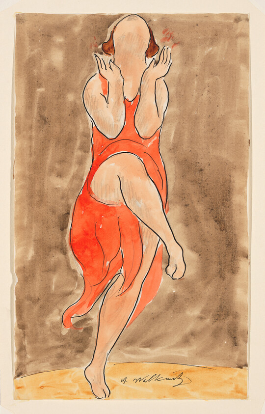 Woman in a flowing red dress striking a dramatic dance pose with hands near her face.