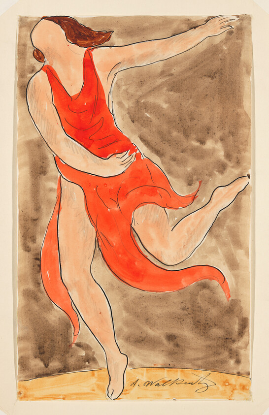 A dancer leaps gracefully wearing a flowing red dress against a brown background.