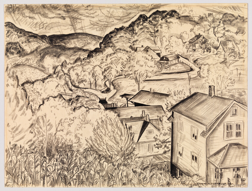 Pencil sketch shows a hillside village with houses, trees, and rolling hills in the background.