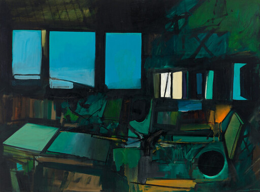 Dark interior with three bright blue windows and green abstract shapes suggesting furniture and machinery.