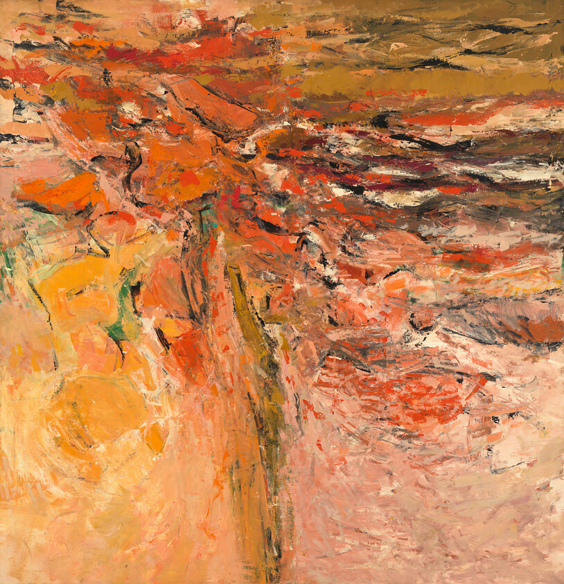Abstract painting with bold orange and ochre brushstrokes suggesting a turbulent shoreline and sky.